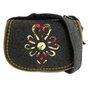 Gray Felted Wool Vintage Embroidered Floral Flap Crossbody Shoulder Bag